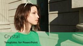  Presentation with green city - PPT theme having beautiful-brunette-girl-in-bright background and a teal colored foreground