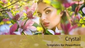  Presentation with beautiful spring flowers - PPT theme with beautiful brunette girl in garden background and a gold colored foreground