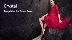  Presentation with glamour - Slides featuring beautiful brunette glamour woman in red dress with wet hair leaning against the rock background and a wine colored foreground