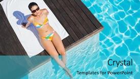  Presentation with camera - Audience pleasing presentation theme consisting of beautiful brunette in bikini sitting backdrop and a cyan colored foreground