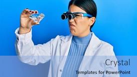  Presentation with diamond - Cool new PPT layouts with beautiful-brunette-jeweller-woman-holding backdrop and a light blue colored foreground