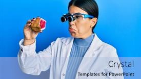  Presentation with geode - Theme with beautiful-brunette-jeweller-woman-holding background and a light blue colored foreground