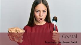  Presentation with healthy eating - Beautiful slide deck featuring beautiful-brunette-little-girl-eating backdrop and a tawny brown colored foreground