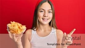  Presentation with potato chips - PPT theme having beautiful-brunette-little-girl-holding background and a coral colored foreground