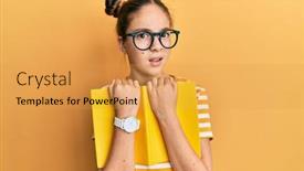  Presentation with book glasses - PPT theme featuring beautiful-brunette-little-girl-wearing background and a yellow colored foreground