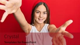  Presentation with hug - PPT theme having beautiful-brunette-little-girl-wearing background and a crimson colored foreground