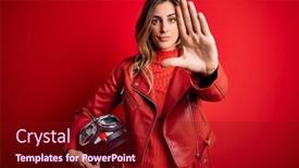  Presentation with motorcycle - Slide deck with beautiful-brunette-motorcyclist-woman-wearing background and a crimson colored foreground