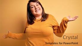  Presentation with comparison - Amazing PPT theme having beautiful-brunette-plus-size-woman backdrop and a gold colored foreground