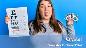  Presentation with eyesight - PPT theme with beautiful-brunette-plus-size-woman background and a teal colored foreground