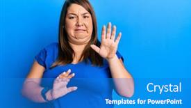  Presentation with panic - Cool new slide deck with beautiful-brunette-plus-size-woman backdrop and a teal colored foreground