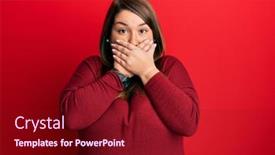  Presentation with secret - Colorful presentation design enhanced with beautiful-brunette-plus-size-woman backdrop and a crimson colored foreground