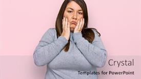  Presentation with sadness - Colorful slide set enhanced with beautiful-brunette-plus-size-woman backdrop and a light gray colored foreground