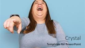  Presentation with woman body - Colorful presentation theme enhanced with beautiful-brunette-plus-size-woman backdrop and a light blue colored foreground