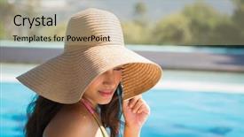  Presentation with straw - PPT theme featuring beautiful brunette sitting by pool background and a  colored foreground