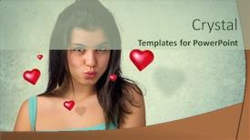  Presentation with hovering - Colorful PPT theme enhanced with beautiful brunette teenager expressing a kiss with hovering hearts backdrop and a soft green colored foreground