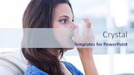 Presentation with inhaler - Presentation theme enhanced with beautiful brunette using inhaler in the living room background and a sky blue colored foreground