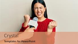  Presentation with closed - PPT layouts enhanced with beautiful-brunette-woman-being-interviewed background and a coral colored foreground