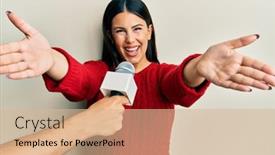  Presentation with happiness - Slide deck having beautiful-brunette-woman-being-interviewed background and a coral colored foreground