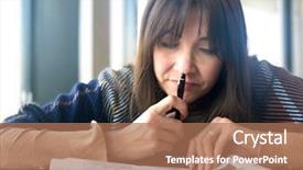  Presentation with thought - Beautiful slide set featuring beautiful brunette woman deep backdrop and a coral colored foreground