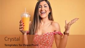  Presentation with healthy juice - Audience pleasing presentation theme consisting of beautiful-brunette-woman-drinking-glass backdrop and a red colored foreground
