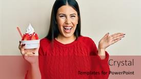  Presentation with ice cream strawberry - Audience pleasing presentation theme consisting of beautiful-brunette-woman-eating-strawberry backdrop and a crimson colored foreground