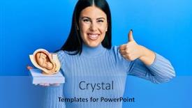  Presentation with uterus - Theme with beautiful-brunette-woman-holding-anatomical background and a teal colored foreground