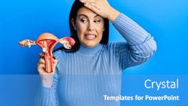  Presentation with anatomical head - Presentation design consisting of beautiful-brunette-woman-holding-anatomical background and a teal colored foreground