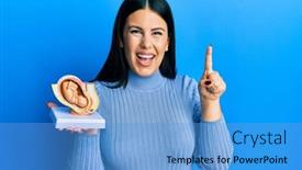  Presentation with uterus - Cool new PPT theme with beautiful-brunette-woman-holding-anatomical backdrop and a teal colored foreground