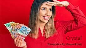  Presentation with far away - Slides having beautiful-brunette-woman-holding-australian background and a red colored foreground