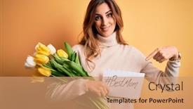  Presentation with happy mothers day - Theme enhanced with beautiful-brunette-woman-holding-best background and a coral colored foreground
