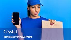  Presentation with paper bag - Slides featuring beautiful-brunette-woman-holding-delivery background and a cobalt blue colored foreground