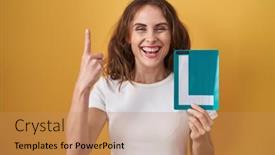  Presentation with driver - PPT theme with beautiful-brunette-woman-holding-l background and a  colored foreground