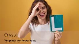  Presentation with driver - Slides with beautiful-brunette-woman-holding-l background and a coral colored foreground
