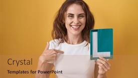  Presentation with self - PPT theme featuring beautiful-brunette-woman-holding-l background and a coral colored foreground