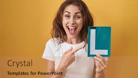  Presentation with driver - Presentation enhanced with beautiful-brunette-woman-holding-l background and a coral colored foreground