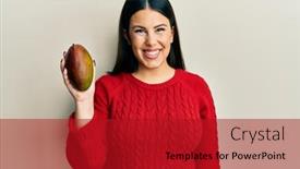  Presentation with mango - Cool new PPT theme with beautiful-brunette-woman-holding-mango backdrop and a crimson colored foreground