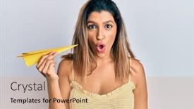  Presentation with paper - Audience pleasing PPT theme consisting of beautiful-brunette-woman-holding-paper backdrop and a coral colored foreground