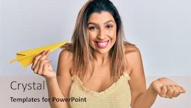  Presentation with paper - Cool new slide set with beautiful-brunette-woman-holding-paper backdrop and a coral colored foreground