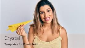  Presentation with paper - Colorful presentation design enhanced with beautiful-brunette-woman-holding-paper backdrop and a coral colored foreground