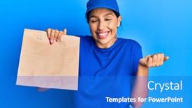  Presentation with paper bag - Audience pleasing slide deck consisting of beautiful-brunette-woman-holding-take backdrop and a cobalt blue colored foreground