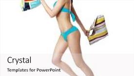  Presentation with turquoise beach - Beautiful theme featuring beautiful brunette woman in turquoise swimsuit with beach towel isolated on white background backdrop and a white colored foreground