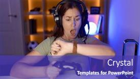  Presentation with video games playing - PPT theme consisting of beautiful-brunette-woman-playing-video background and a royal blue colored foreground