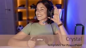  Presentation with ear - Slides having beautiful-brunette-woman-playing-video background and a coral colored foreground