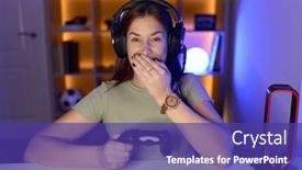  Presentation with scandal - PPT theme featuring beautiful-brunette-woman-playing-video background and a  colored foreground