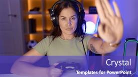  Presentation with sing - Slide deck featuring beautiful-brunette-woman-playing-video background and a  colored foreground