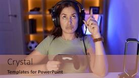  Presentation with video games playing - Presentation design featuring beautiful-brunette-woman-playing-video background and a  colored foreground