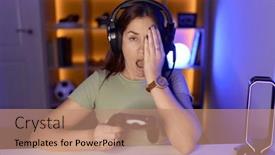  Presentation with video games playing - Slide set featuring beautiful-brunette-woman-playing-video background and a  colored foreground