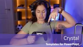  Presentation with video games playing - Slides enhanced with beautiful-brunette-woman-playing-video background and a  colored foreground