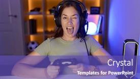  Presentation with video games playing - Theme enhanced with beautiful-brunette-woman-playing-video background and a  colored foreground