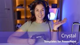  Presentation with video games playing - Theme having beautiful-brunette-woman-playing-video background and a violet colored foreground